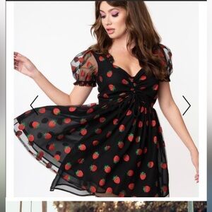 NWT Unique Vintage Black Strawberry Dress Large 10/12 strawberry novelty dress